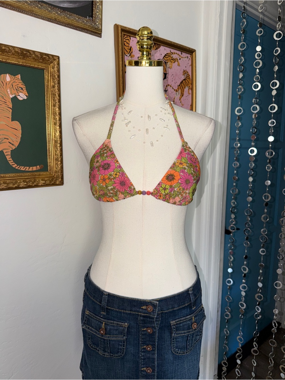 Y2K Floral Triangle Bikini Top - Pink & Green